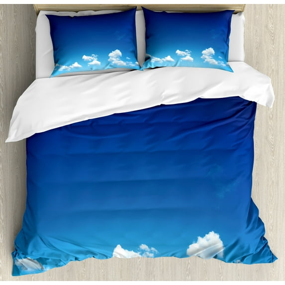 Blue Sky Duvet Cover Set King Size, White Puffy Cloudscape Outdoor Scene Environmental Scene Print, Decorative 3 Piece Bedding Set with 2 Pillow Shams, Cobalt Blue and Azure Blue, by Ambesonne