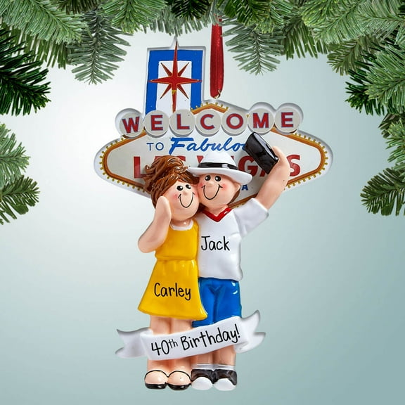 Personalized Las Vegas Couple with Banner Christmas Ornament - Gambling - Bachelor Party Gifts - Trip to Vegas - Poker - Casino Lover