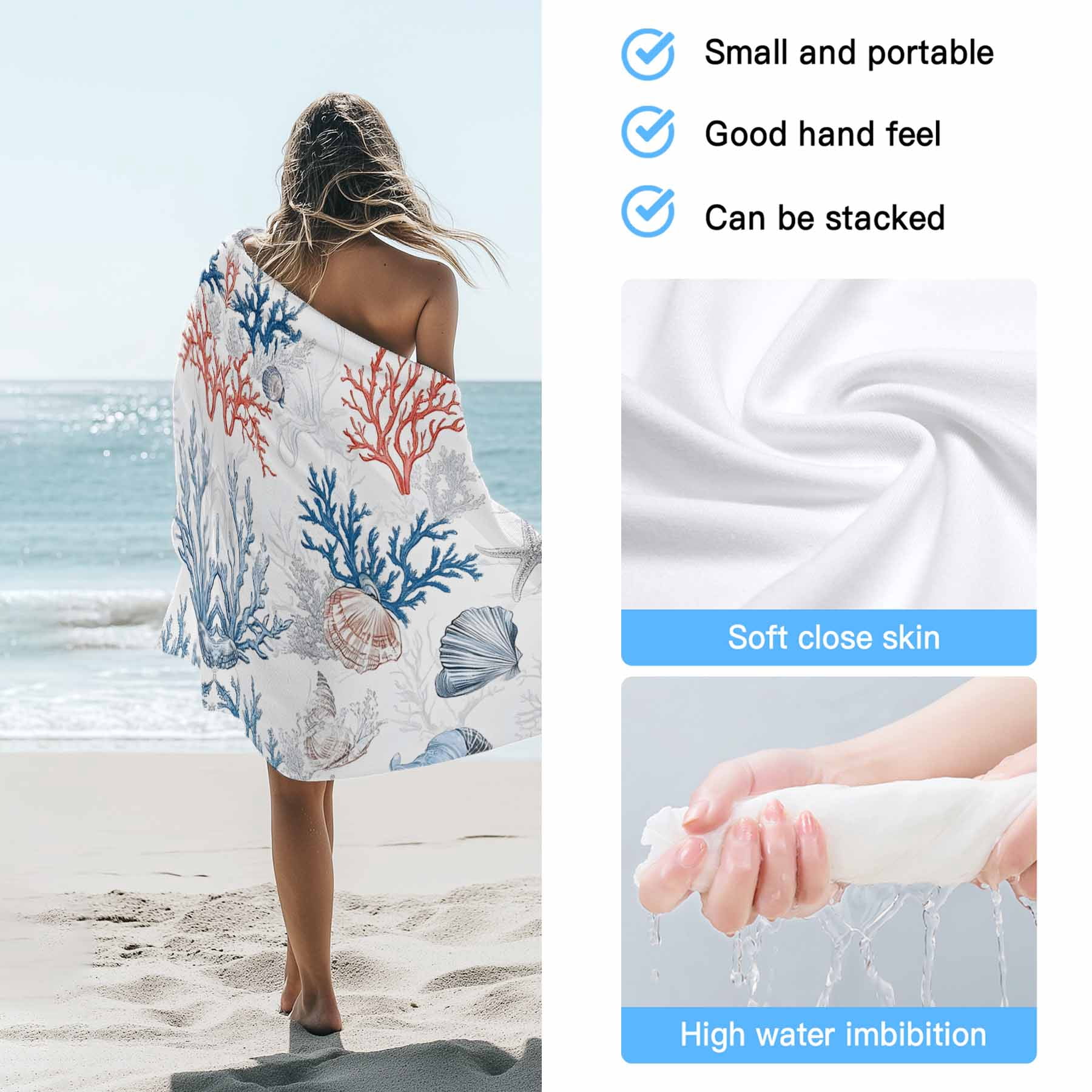 Coastal Nautical Beach Towels Blanket Soft&Absorbent Quick Dry Microfiber Ocean Coral Shell Pattern Pool Towels for Swimming ,Yoga, Sports, Gym, Camping,Large 35X70in, Blue Aqua