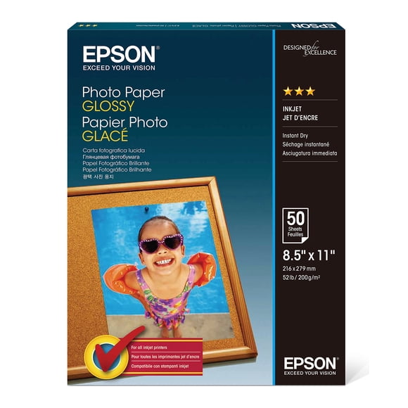 Papel fotográfico Epson S041649 brillante, 8,5 x 11, 50 hojas, 52 libras