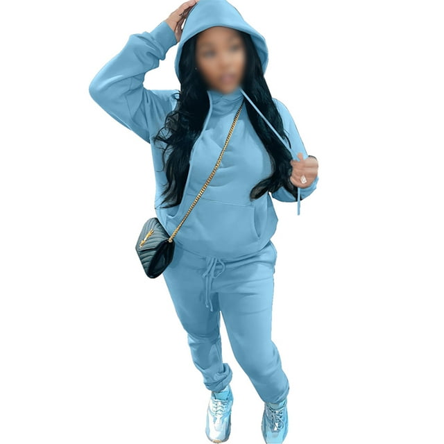 UKAP Ladies Two Piece Outfit Drawstring Tracksuit Sets Hooded Neck Jogger Set Athletic Sports Sweatshirts And Sweatpants Sky Blue L