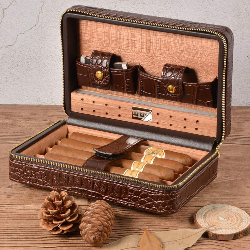Tan/Wood Grain PERDOMO Top Grain Leather 4 Cigar Travel Case Cedar Lined