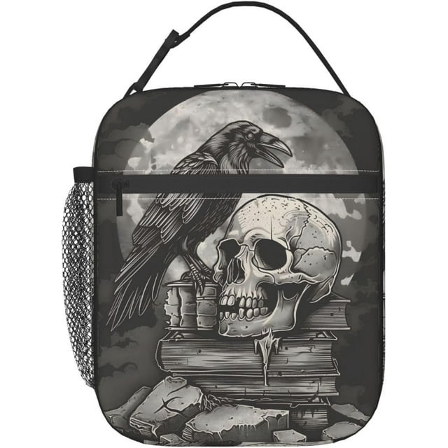 Boîte à Lunch en Polyester à Motif de Crâne Gothique pour Ados, Sac à Lunch Thermique Réutilisable avec Corbeau pour Femmes Adultes, Sac Fourre-Tout Isotherme Goth pour l'École, le Travail, les Pique-Niques, les Voyages, Motif d'Horreur d'Halloween
