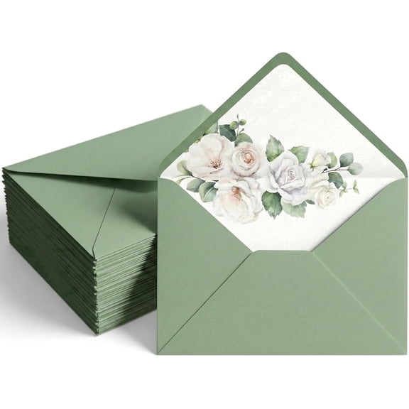 50 pcs 5 x 7 inches Sage Green Envelopes Floral Pattern Invitation Envelopes V-flap150 GSM Thick Paper for Wedding, Postcards, Greeting Cards, Mailing