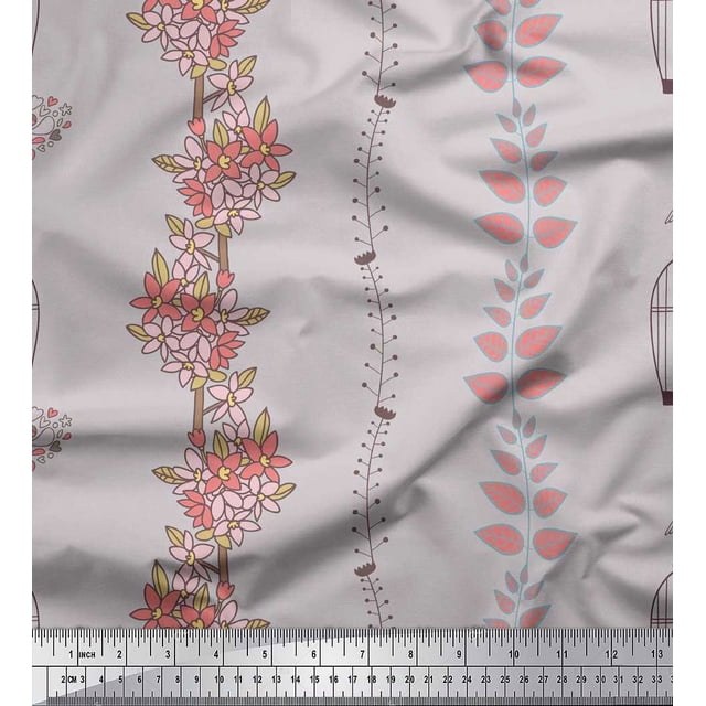 Soimoi Poly Georgette Fabric Bird,Cage & Floral Artistic Decor Fabric Printed Yard 42 Inch Wide