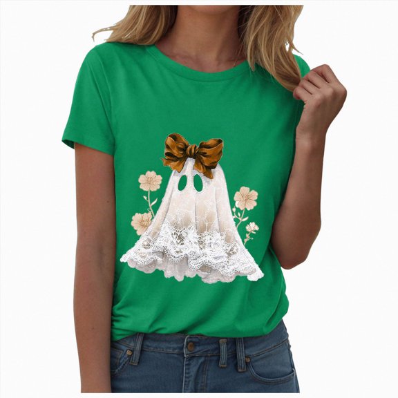 TOWED22 Halloween Cute Ghost Wear Bow T-Shirts for Women Graphic Short Sleeve Tees Cotton Crew Neck T Shirt Casual Tops(Green,M)