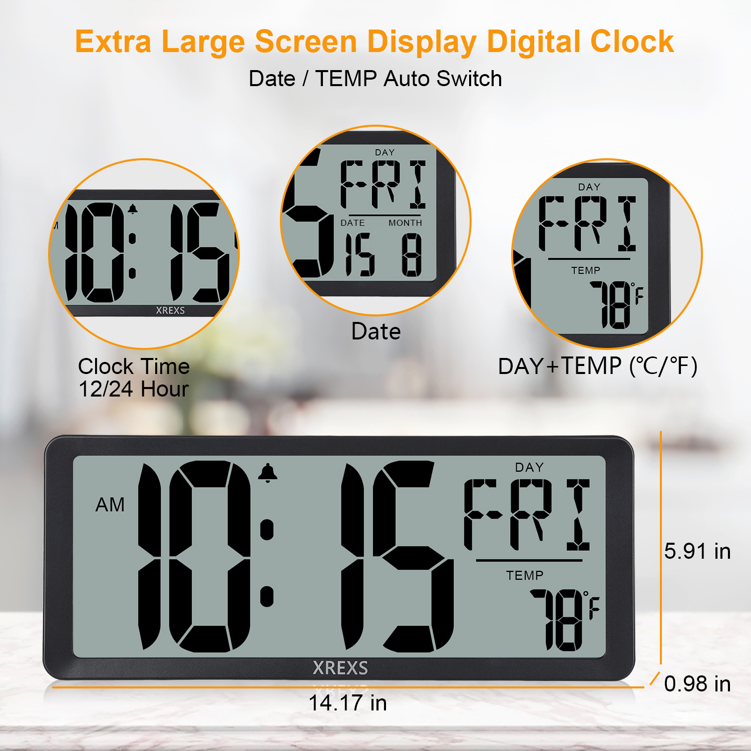 XREXS Large Digital Wall Clock, 14 Inch Large LCD Display Wall Digital Clock, Digital Alarm Clocks for Bedroom Home Decor, Calendar Clock with Time/Calendar/Temperature Display (Batteries Included)