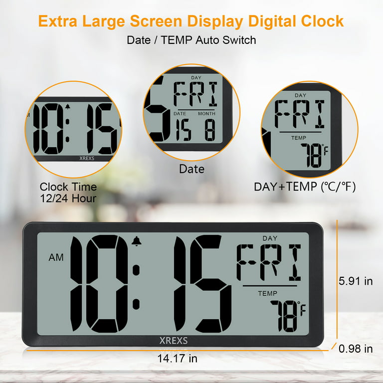 XREXS Large Digital Wall Clock with Remote Control, 16.5 inch White LED Large Display Count Up & Down Timer, Adjustable Brightness Alarm Clock with