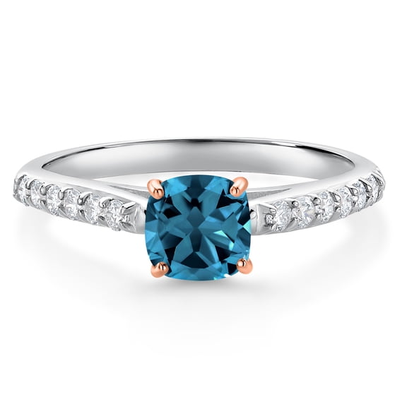 Gem Stone King 0.84 Ct London Blue Topaz G/H Lab Grown Diamond 10K White Gold Engagement Ring with Rose Gold Prongs (Size 8)