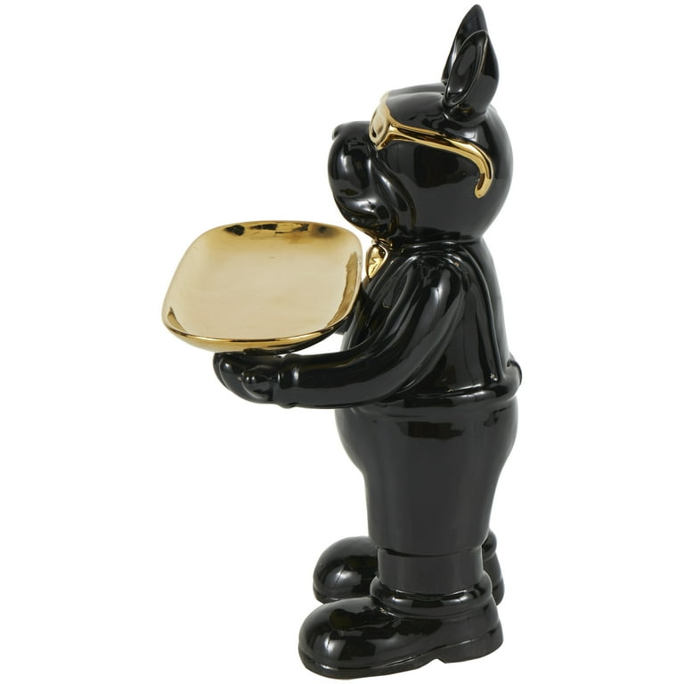 7 inch x 12 inch Black Ceramic Bulldog Sculpture with Gold Accents, by Decmode