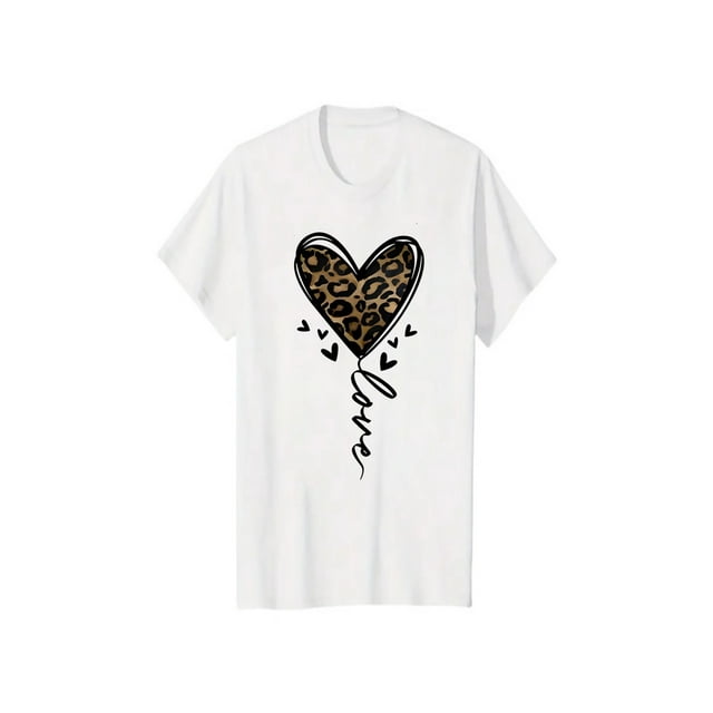 Women's Leopard Heart Print Crewneck Tee & Skinny Shorts Two-piece Set, Casual Fashion Loose Round Neck T-shirt & Shorts for Daily outdoor Wear, Ladies Clothes for all Seasons, Sets, Womenswe