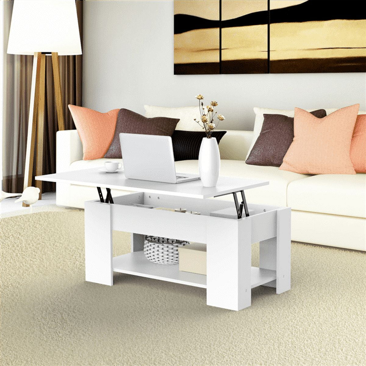 Renwick 39in Modern Wood Lift up Top Coffee Table with Storage Shelf, White