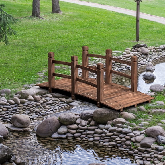 5' Wooden Bridge Stained Finish Decorative Solid Wood Garden Pond Arch Walkway