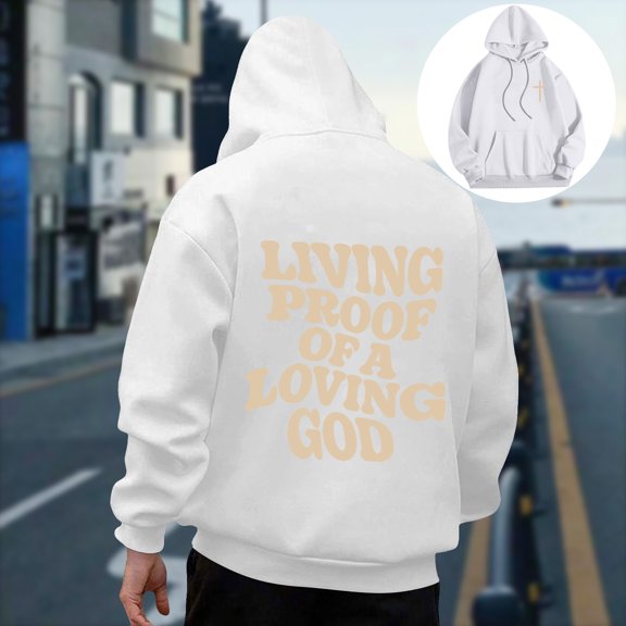 PiGOGI Men's Casual Pullover Hoodie with Pocket Long Sleeve Sweatshirt Fashion Print Hooded Sweatshirt for Daily Wear White XL