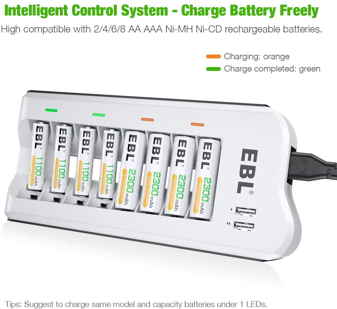 EBL AA 2300mAh (8 Pack) and AAA 1100mAh (8 Pack) Ni-MH Rechargeable Batteries 1.2V and AA AAA Rechargeable Battery Charger with 2 USB Charging Ports