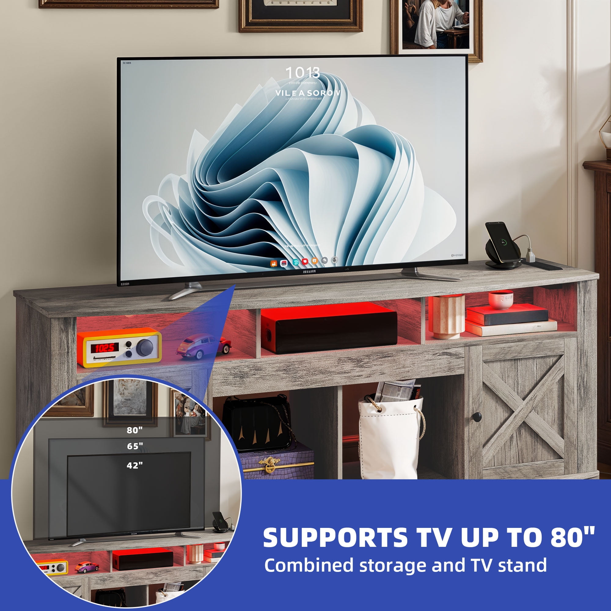Uforic 70 Inch White Farmhouse TV Stand Suitable for TVs up to 80 Inches for Living Room, Brown