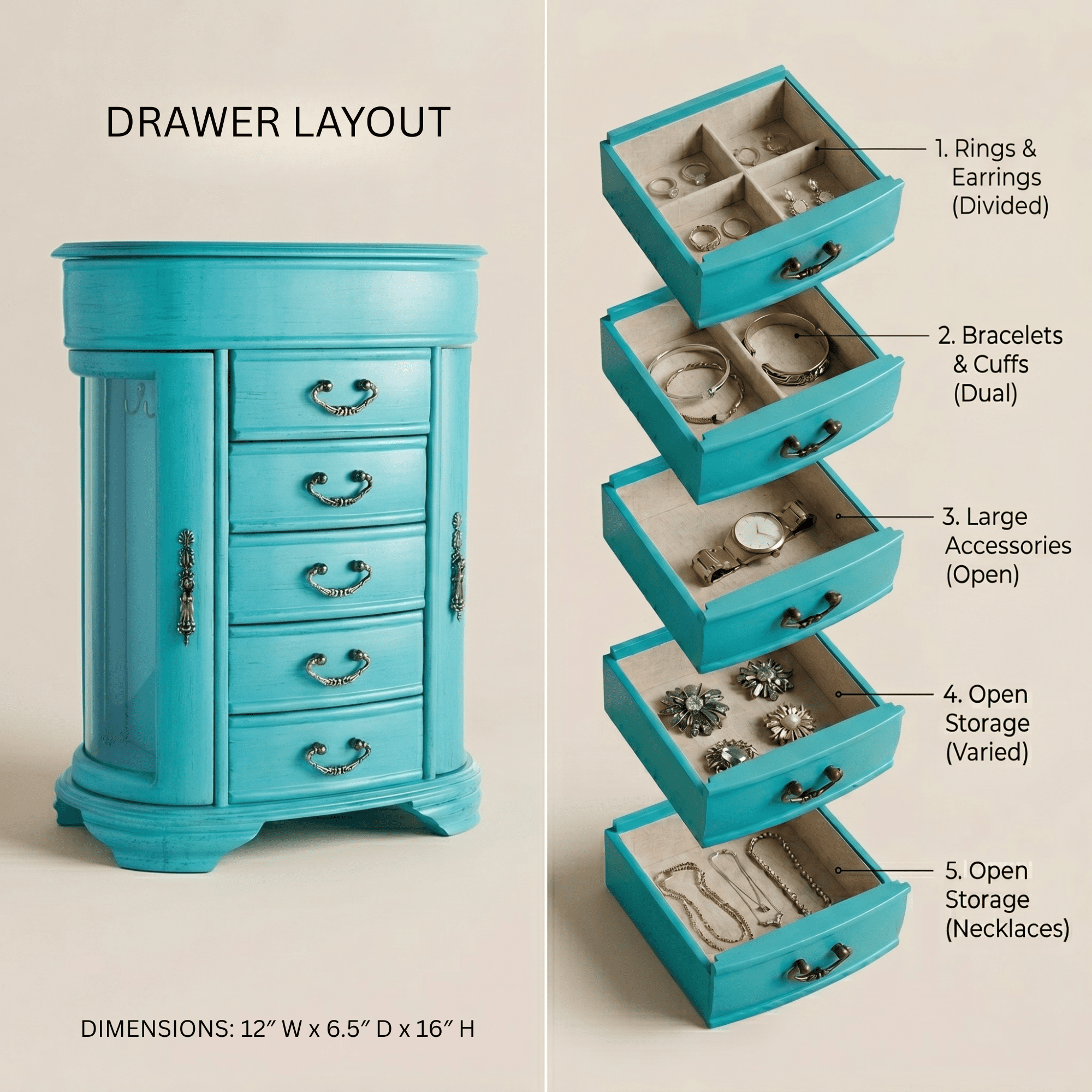 Hives and Honey Daphne Oval Wooden Jewelry Organizer Chest with Vanity Mirror and Glass Doors for Women in Antiqued Turquoise Finish