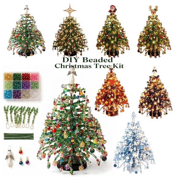 Yeciiwht Diy Beaded Christmas Tree Kit for Adults, 3D Crystal Bead Holiday Craft Set with Colorful Beads, Ornament Charms, Handmade Tabletop Christmas Decor Gift
