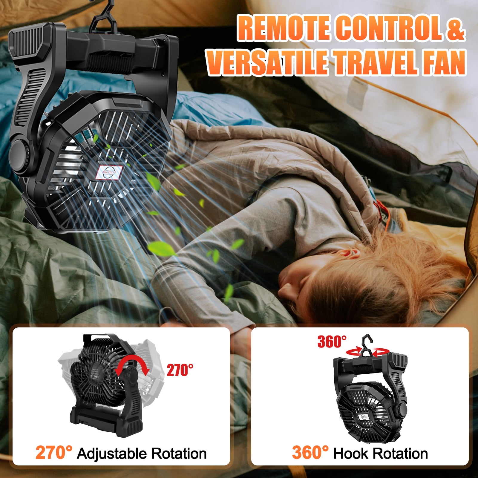 Rechargeable Camping Fan with LED Lantern, 10400mAh Portable Battery Operated Oscillating Fan for Tent, Table Fan for Picnic Fishing Travel Office,Black