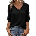 thumbnail image 2 of Women's Casual Flared Collar Blouse with Pockets and 3/4 Sleeves in Solid Color, 2 of 9