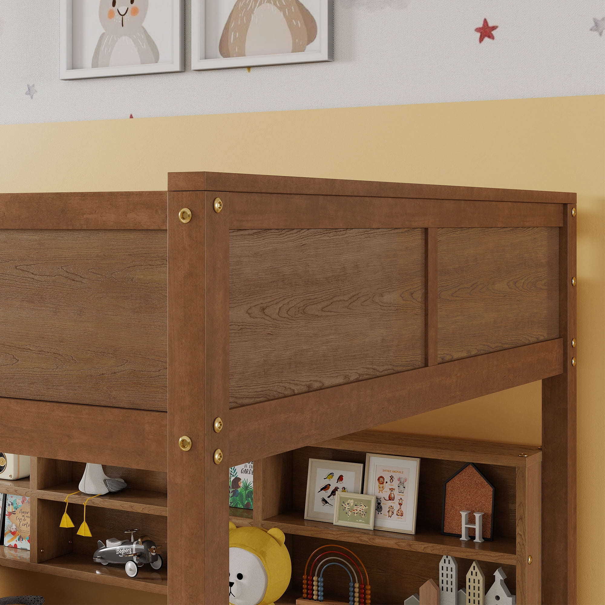 Leumius Queen over Queen Size Bunk Bed Frame with Built-in Storage Cabinets,Charging Station,Ladder,Safety Guardrails,Solid Pine Wood Bunk Bed for Boys Girls Wheat