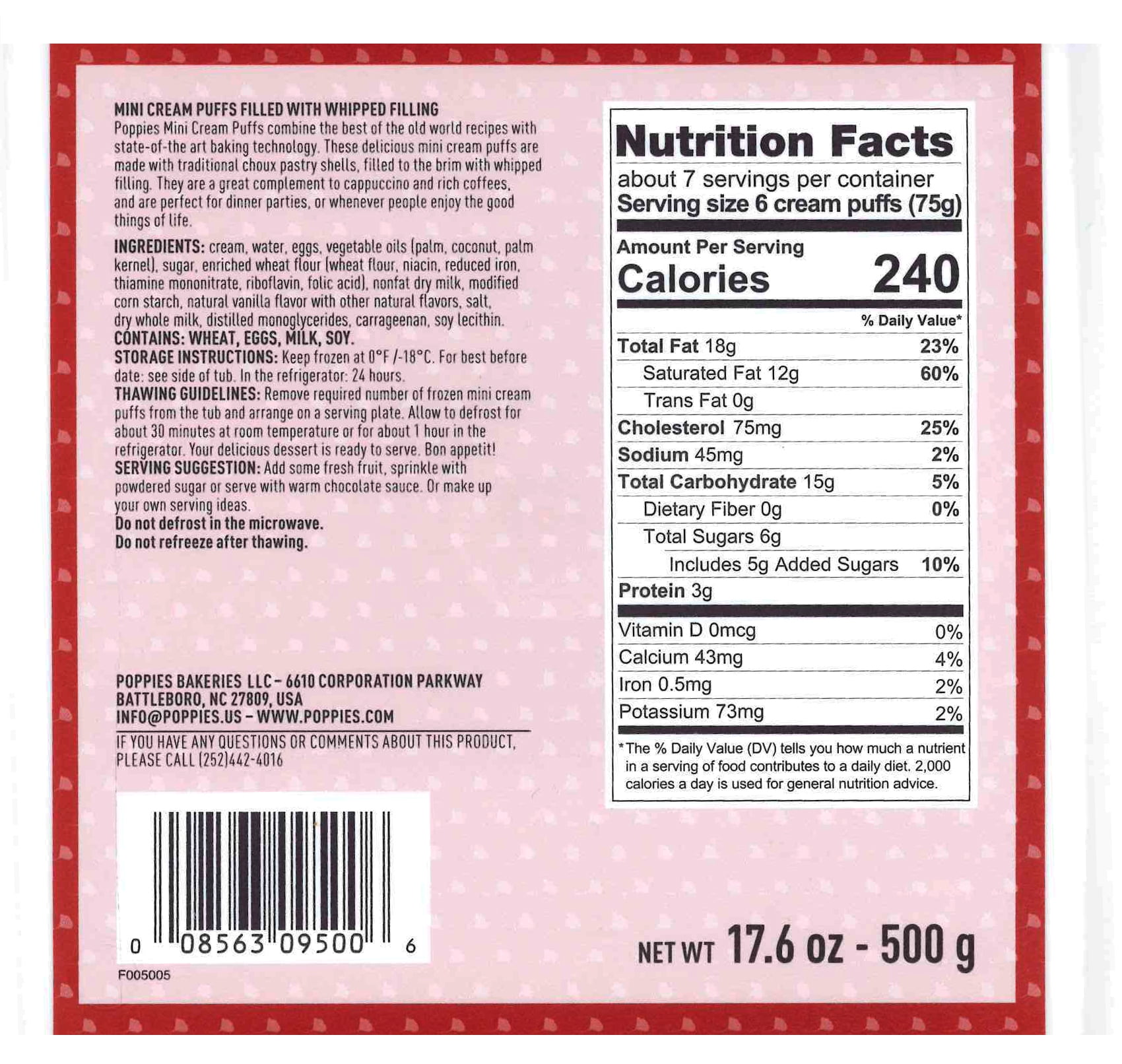 Poppies Mini Cream Puffs, Ready-to-Eat Pastry Filled with Rich Vanilla Dairy Cream, 17.6 oz (Frozen)