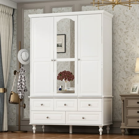 KULAGAGA 3 Doors Bedroom Closet, Wood Armoire with Mirror, Clothes Hanging Rail, 4 Storage Shelves and 5 Drawers, 47" Wide Bedroom Storage Unit Wardrobe, Traditional White
