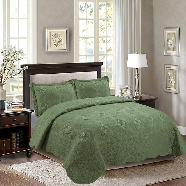 MarCielo 3-Piece Fully Quilted Embroidery Quilts Bedspreads Bed Coverlets Cover Set Emma(King Oversize, Sage)