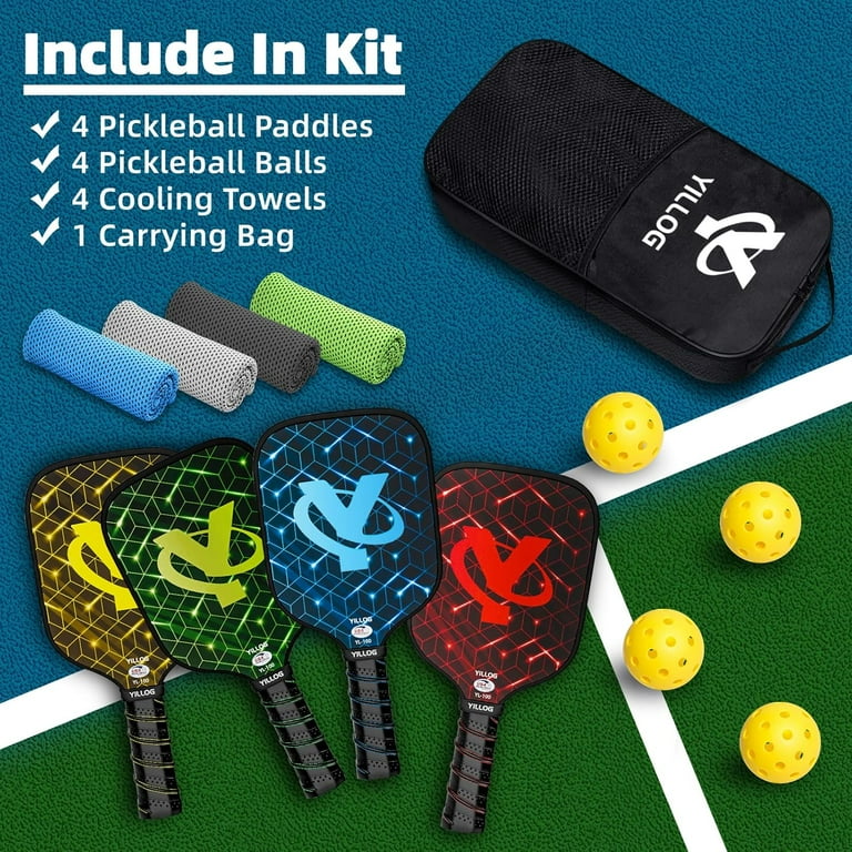 YILLOG USAPA Approved Pickleball Paddle Set Of 4 - Includes Paddles, Balls, Cooling Towels & Bag