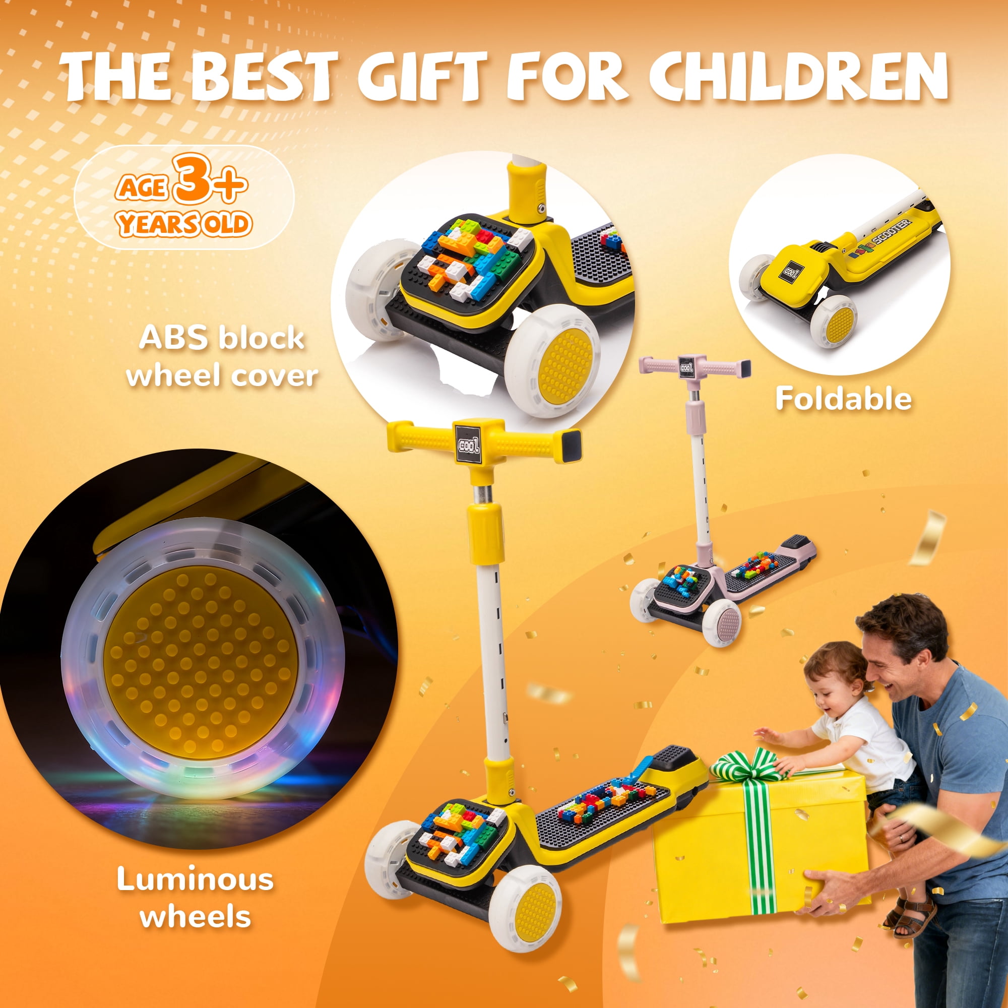 3-Wheel Kids Scooter with Buildable Blocks, PU Flashing Wheels, Folding Kick Scooter - Thickened Aluminum Tube, 5-Position Height-Adjustable Handlebar, One-Touch Footbrake, for 3-9 Years Old