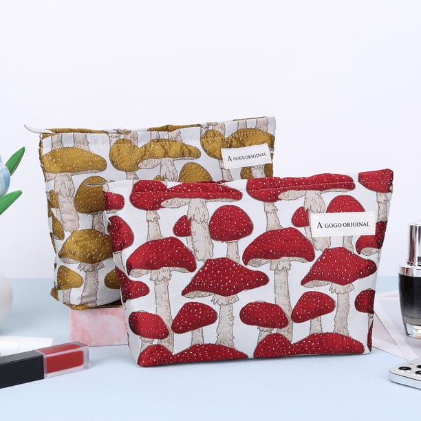 Bolsa de maquillaje bonita de 2 uds, bolsas de cosméticos de viaje con forma de seta de gran capacidad, cierre de cremallera