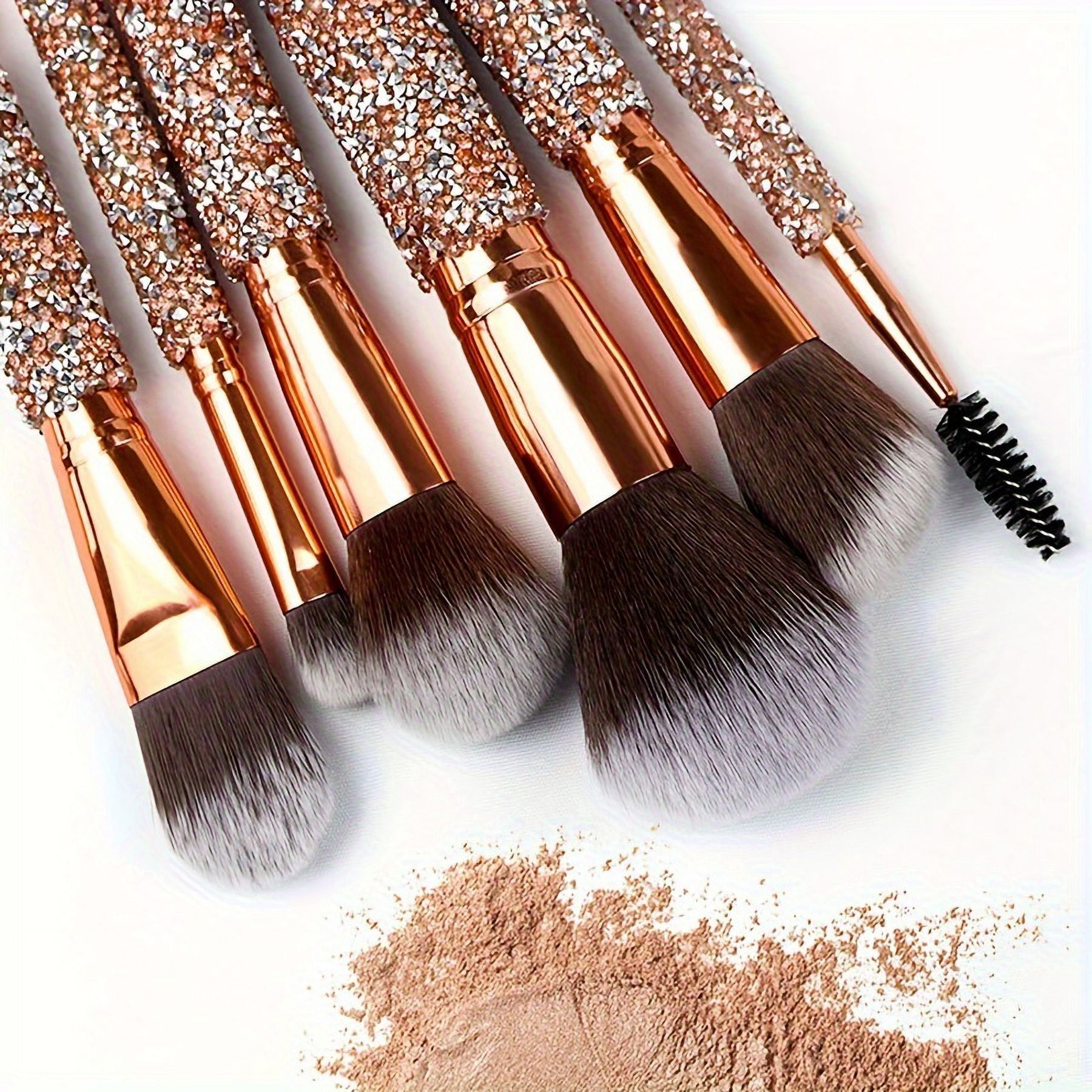 14-piece set (10 makeup brushes + 1 brush bag + 3 powder puffs) High-end gold-plated rhinestone-encrusted handmade makeup brushes / Suitable for beginners / Applicable to all makeup looks