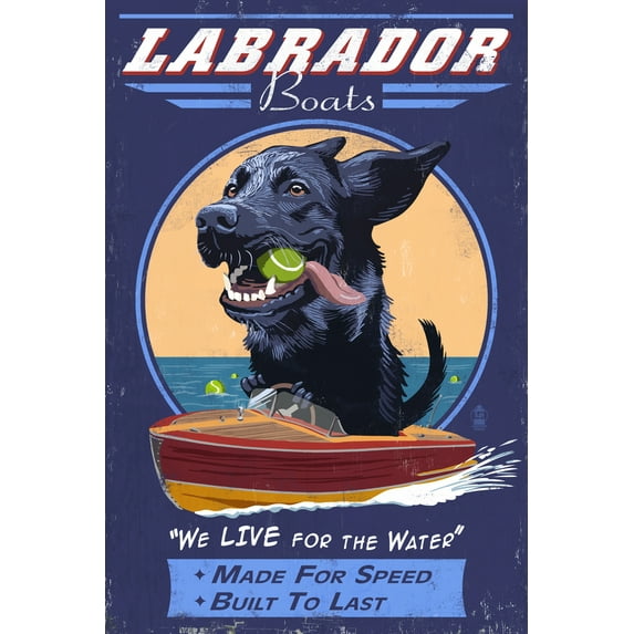 Black Labrador, Retro Boats Ad (36x54 Giclee Gallery Art Print, Vivid Textured Wall Decor)
