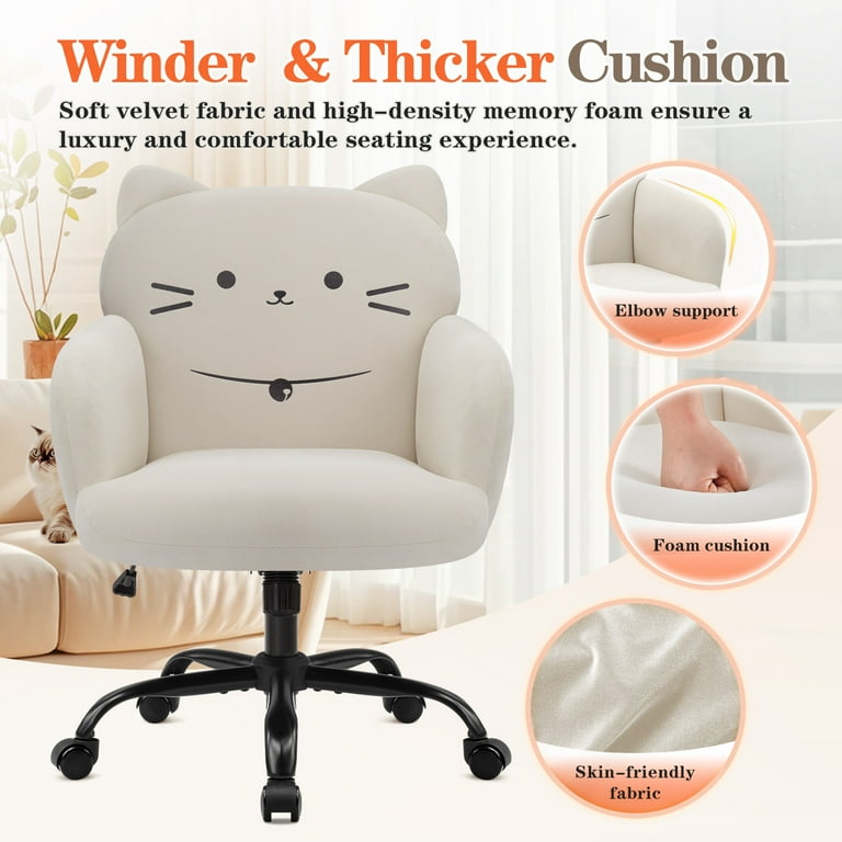 Cream Ergonomic Office Chair for Women Cute Pet Cat Themed, Velvet