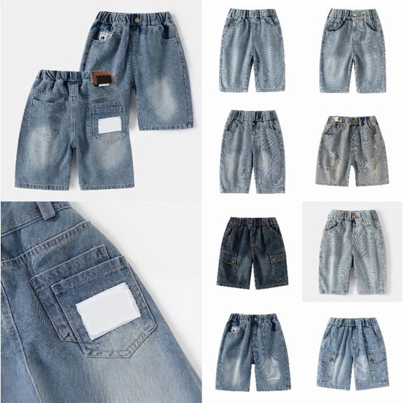 Krdevn Boys Retro Washed Denim Shorts, Casual Elastic Waist Loose Fit Summer Cargo Jeans,Blue,5-6 Years