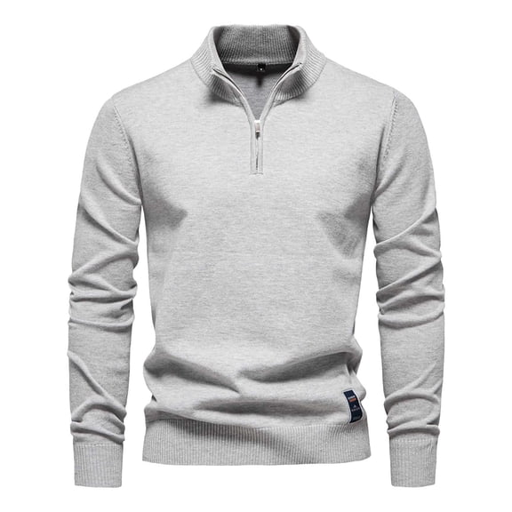 GBSYEWXS Pullover Sweater For Men Long Sleeve Solid Color Zip-Up Trendy Gentleman Collared Sweaters Light Gray