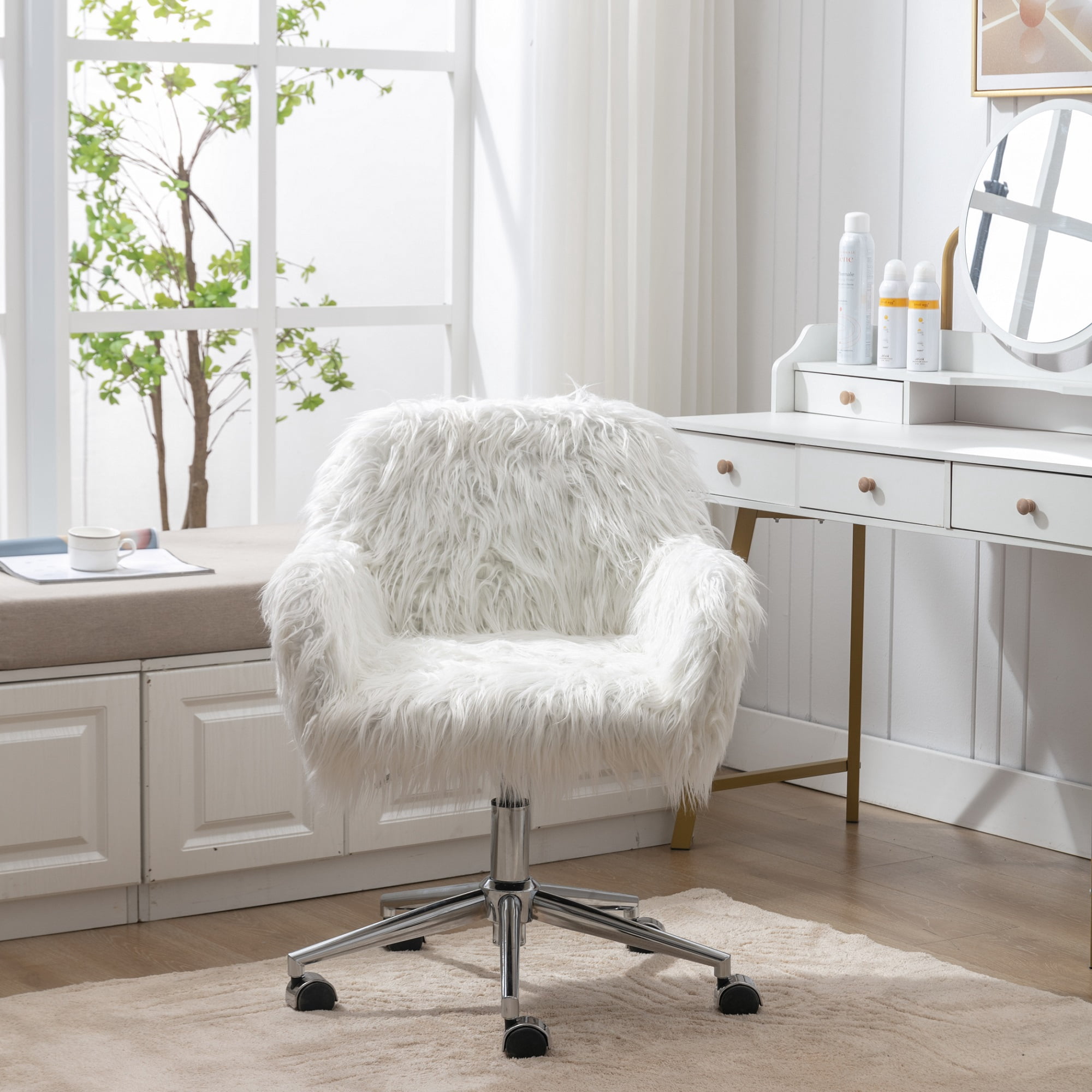 KCC Fluffy Office Desk Chair, Faux Fur Modern Swivel Armchair with Wheels, Soft Comfy Fuzzy Elegant Accent Makeup Vanity Chairs for Women Girls, Home Living Dressing Room Bedroom, White