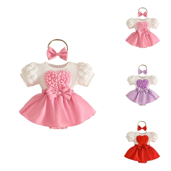 3D Heart Sleeve Bow Tie Romper Jumpsuit Dress with Headband, Baby Girl Valentine's Day Outfit with Tulle Tutu Skirt Set, Plush Puff Sleeve Jumpsuit for Toddler Photo