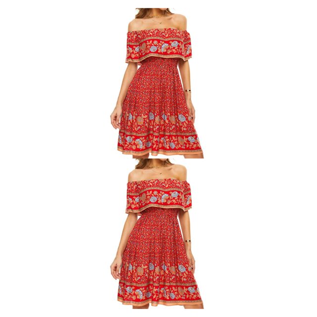 Jumpingount Vestido corto bohemio con hombros descubiertos, cintura alta, cómodo vestido de algodón, playa, vacaciones, fiesta, ropa de moda de Type1 NO1