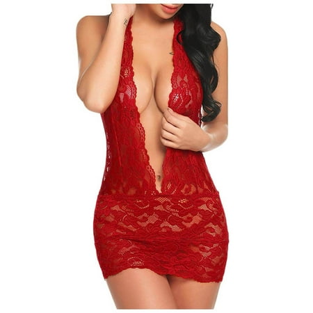 

Shapewear Bodysuit For Women Lingerie New Women Lace Teddy Deep V Halter Nightdress Women Lace Deep V Lace Nightdress Panty Set Red Xxl