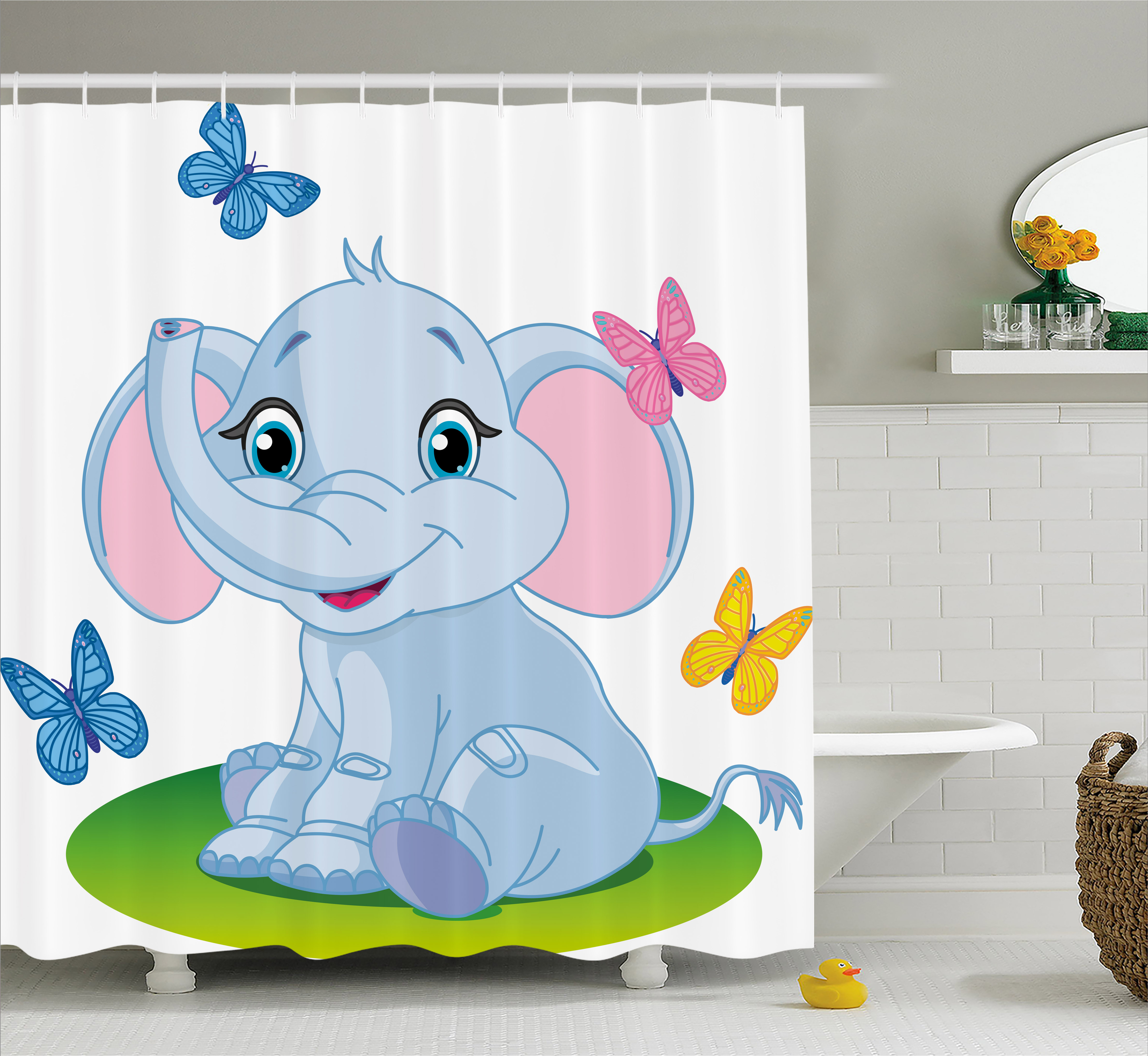 Nursery Shower Curtain, Cute Baby Elephant Sitting on the Meadow in