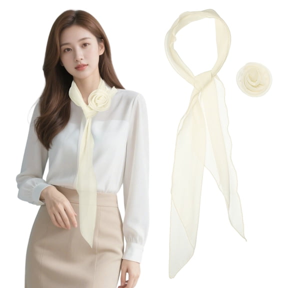 Uxcell Chiffon Scarf for Women, Long Neck Scarf with Detachable Rose Flower Light Soft - 47 Inch & Beige