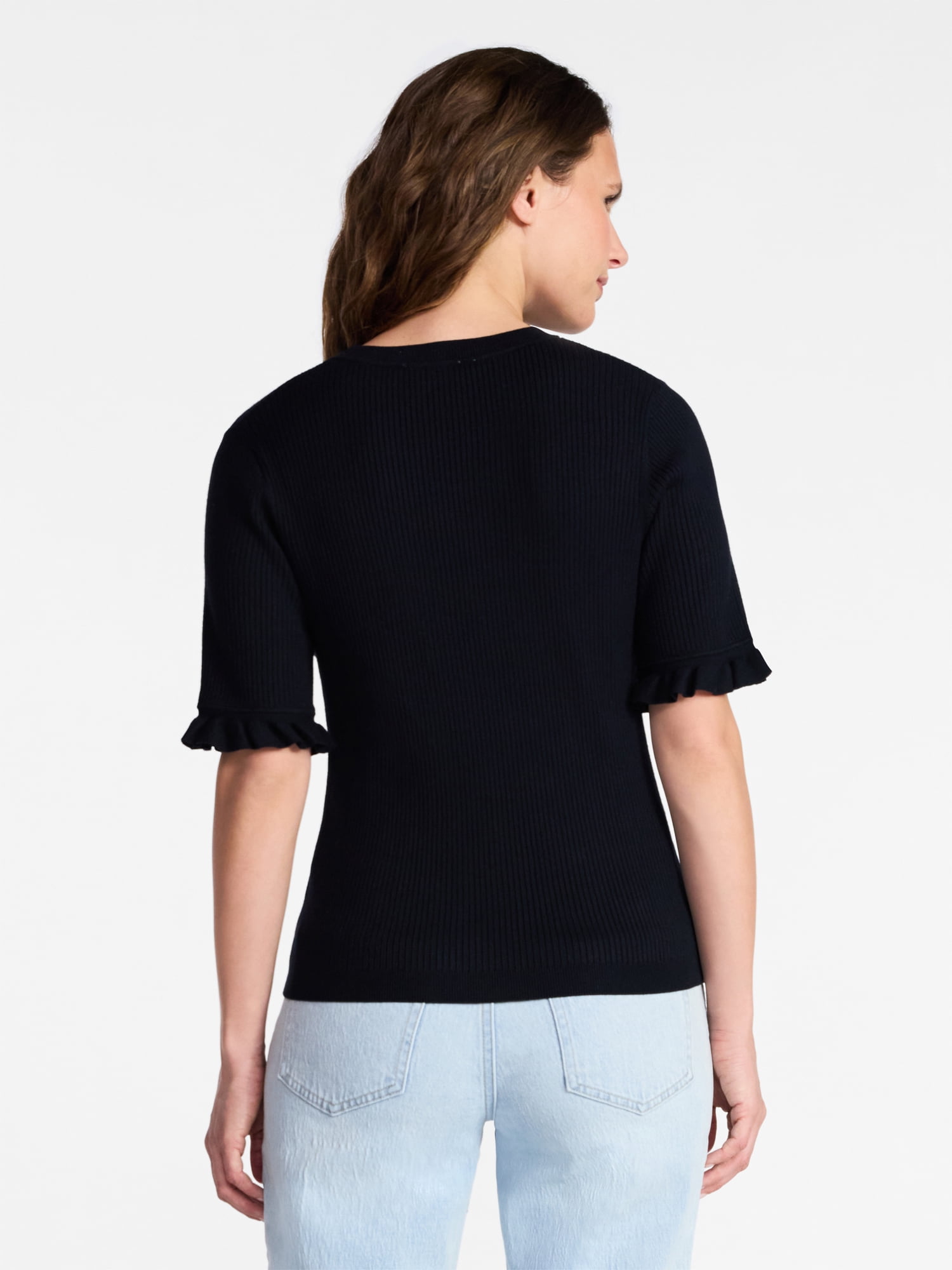 Time and Tru Women's Ribbed Sweater with Flounce Sleeves, Midweight, Sizes XS-XXXL