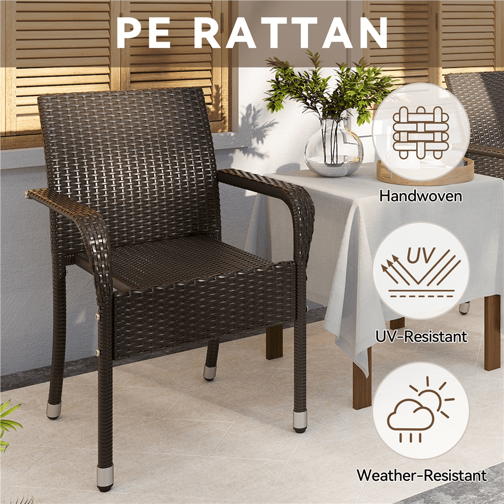 Renwick Outdoor PE Rattan Chair with Armrests and Adjustable Footpads, Set of 2, Brown