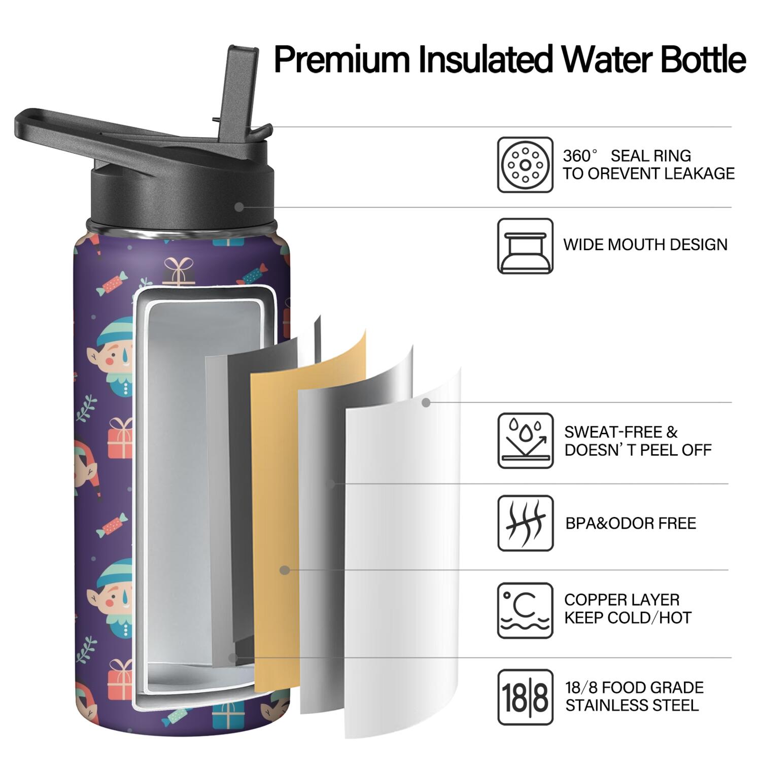 Christmas 18 oz Insulated Stainless Steel Water Bottle with Straw & Cleaning Brush , Leakproof, BPA-Free, 304 Stainless Steel, Wide Mouth, Travel Mug for Car, Gym, Office