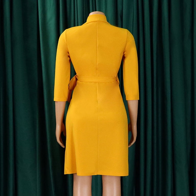 Wxlwzywl Winter Dresses for Women Women'S Casual Slim Pleated Belted Three-Quarter-Sleeve V-Neck Color Dress Yellow