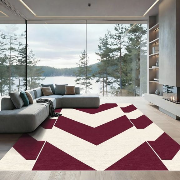 ODIKA 4'x6' Machine Washable Non-Slip Area Rug, Geometric Burgundy High Traffic Rug, Red, 1096265