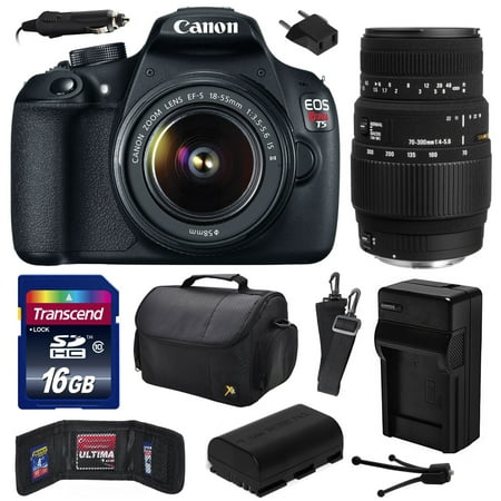 Canon EOS Rebel T5 Digital SLR Camera with EF-S 18-55mm IS II and Sigma 70-300mm f/4-5.6 DG Macro Lens with 16GB Memory, Large Case, Extra Battery, Travel Charger, Card Wallet, Cleaning Kit 9126B003