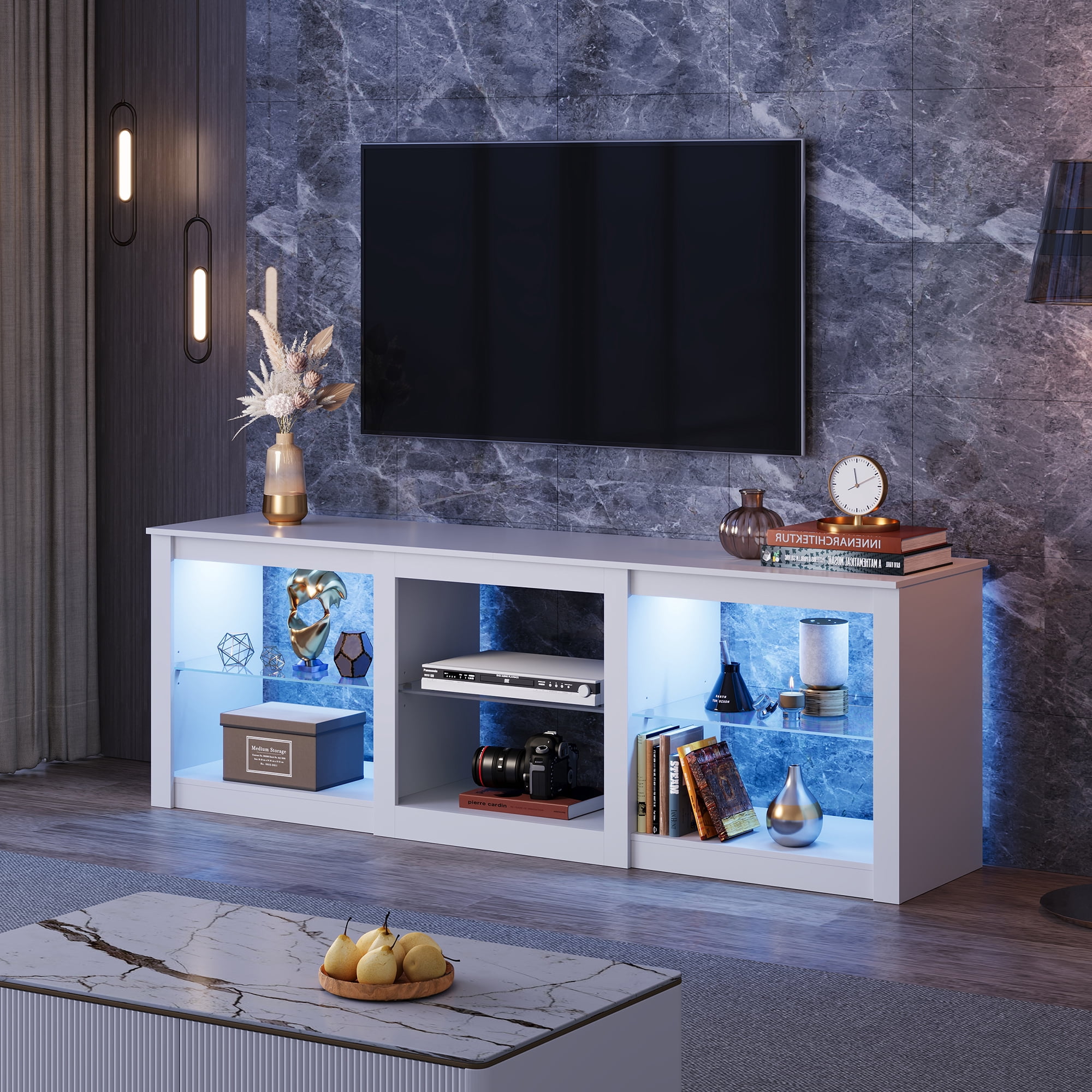 GALAXHERO TV Stand for 55/65/75 Inch, TV Modern Entertainment Center with LED Lights & Adjustable Glass Shelves Sturdy Media Console for Living Room, Bedroom, Gaming White