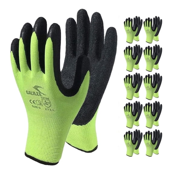 Safety Work Gloves with Latex Rubber Coating, Non-Slip Grip, Breathable and Washable, Pack of 10 Pairs (Green, Large)